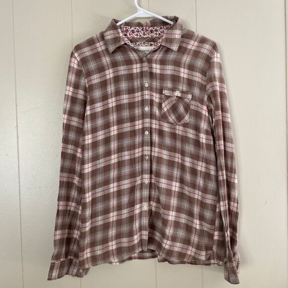 Aéropostale Plaid Button Down Shirt Brown Pink Flannel Top Women’s XL 100% Cotto - Picture 1 of 13